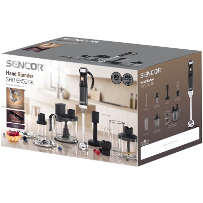 Блендер погружной Sencor 1500Вт, 10в1, чаша-800мл, мельница для специй, вспениватель молока, черный (SHB6552BK)