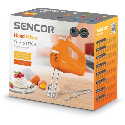 Миксер Sencor ручной 200Вт, насадки-2, турборежим, 5 скоростей, оранжевый (SHM5403OR)