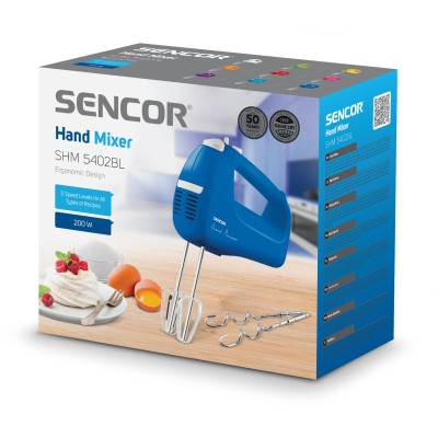 Миксер Sencor ручной 200Вт, насадки-2, турборежим, 5 скоростей, синий (SHM5402BL)