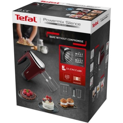 Миксер Tefal ручной Powermix Silence 600Вт, насадки-4, турбо, бордовый (HT652538)