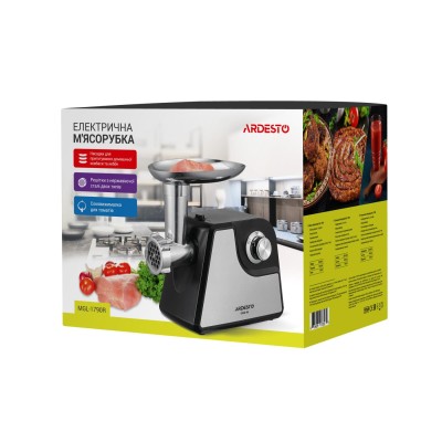 Мясорубка Ardesto, 1700Вт, 1.6кг/мин, 2 решетки, насадка для колбас, кеббе, томатов, пластик/металл, черно-серебристый (MGL-1790