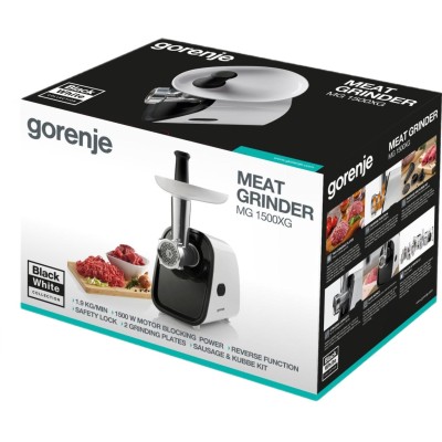 Купити Мясорубка Gorenje, 1500Вт, 1.9кг/мин, 2 решетк, насадка для колбас, 3 терки, пластик/металл, белый/черный (MG1500XG)