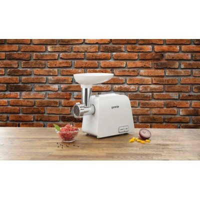Мясорубка Gorenje, 1600Вт, 1.9кг/мин, 2 решетки, насадка для колбас, кеббе, пластик, белый (MG1602W)