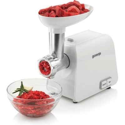 Мясорубка Gorenje, 1600Вт, 1.9кг/мин, 2 решетки, насадка для колбас, кеббе, пластик, белый (MG1602W)