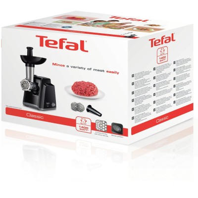 Мясорубка Tefal Classic, 1400Вт, 1.7кг/мин, 2 решетки, насадка для колбас, пластик, черный (NE105838)