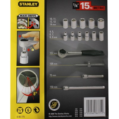 Купити Набор головок торцевых Stanley, 1/4", трещотка, удлинители, Т-образный вороток, 15 ед. 