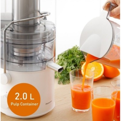 Соковыжималка Panasonic центробежная 1000Вт, чаша-1.5л, жмых-2л, желоб на целое яблоко, пластик/металл, белый (MJ-CB100WTQ)