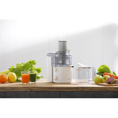 Соковыжималка Panasonic центробежная 1000Вт, чаша-1.5л, жмых-2л, желоб на целое яблоко, пластик/металл, белый (MJ-CB100WTQ)