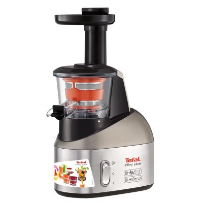 Соковыжималка Tefal Infiny Press шнековая 200Вт, чаша-0.8л, жмых-0.8л, пластик, серебристо-черный (ZC255B38)