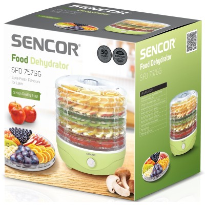 Сушка для продуктов Sencor 250Вт, поддонов - 5x2.6см, диаметр - 23см, сетка для ягод, пластик, зеленый (SFD757GG)