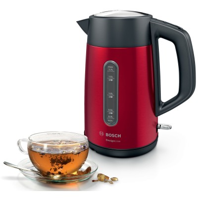 Электрочайник Bosch, 1.7л, металл, красный с серым (TWK4P434)