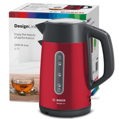 Электрочайник Bosch, 1.7л, металл, красный с серым (TWK4P434)