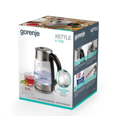 Электрочайник Gorenje 1.7л, стекло/нерж, черный (K17GE)