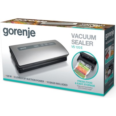 Вакуумный упаковщик GORENJE, электронное упр, 120 Вт., ф-ция запаивания и вакуумирования, серебристый (VS120ES)