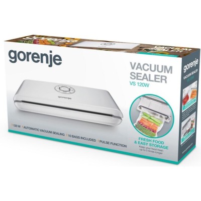 Вакуумный упаковщик GORENJE, электронное управление, 120 Вт., ф-ция запаивания и вакуумирования, белый (VS120W)