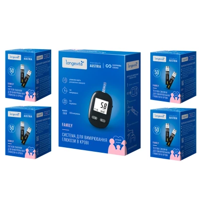 Глюкометр LONGEVITA Family Сис-ма д/вимiр.глюк. + Тест. смуж. 200шт. (4*50шт/уп.)