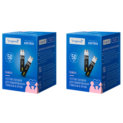 Глюкометр LONGEVITA Family Тестові смужки для вимір. глюкози в крові 100шт.(2*50шт/уп.) Глюкометр LONGEVITA Family Тестові смужки для вимір. глюкози в крові 100шт.(2*50шт/уп.)