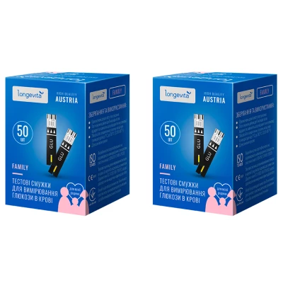 Глюкометр LONGEVITA Family Тестові смужки для вимір. глюкози в крові 100шт.(2*50шт/уп.)