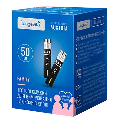 Глюкометр LONGEVITA Family Тестові смужки для вимірювання глюкози в крові (50х1)50шт