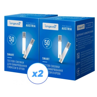 Глюкометр LONGEVITA Smart Тестові смужки 100шт.(50х2) Глюкометр LONGEVITA Smart Тестові смужки 100шт.(50х2)