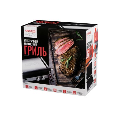 Гриль Ardesto прижимной 2000Вт, темп. режимов-6, съёмные пластины, раскрытие на 180°, металл, серебристый (GK-2000M)