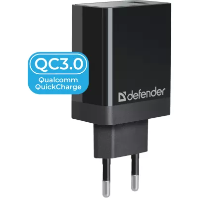 мережева зарядка DEFENDER (83573)UPA-101 чорний, 1 USB, QC 3.0, 18W