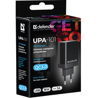 мережева зарядка DEFENDER (83573)UPA-101 чорний, 1 USB, QC 3.0, 18W мережева зарядка DEFENDER (83573)UPA-101 чорний, 1 USB, QC 3.0, 18W