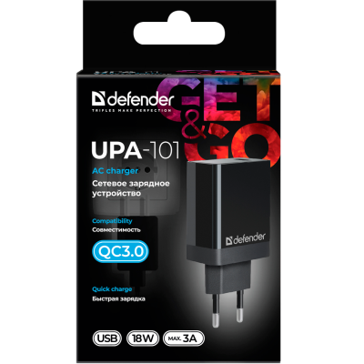 мережева зарядка DEFENDER (83573)UPA-101 чорний, 1 USB, QC 3.0, 18W мережева зарядка DEFENDER (83573)UPA-101 чорний, 1 USB, QC 3.0, 18W