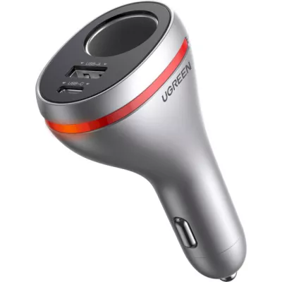 Автомобільний Зарядний пристрій UGREEN CD204 Car Charger 2xUSB Ports Single Extension Socket QC+PD 20W (60712) Silver