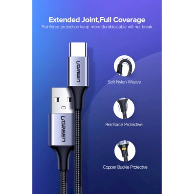 Кабель UGREEN US288 USB 2.0 To USB Type-C Cable Nickel Plating Aluminum Braid 3A 0.25m (60124) Black