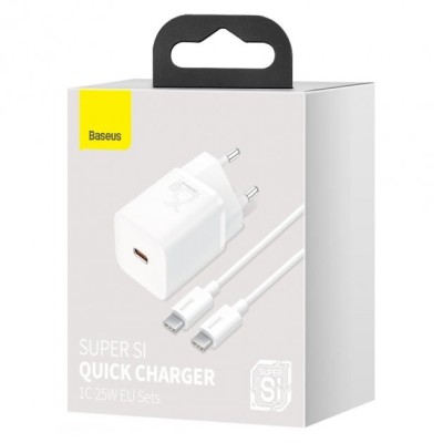 Зарядний Пристрій Baseus 1Type-C Super Si 25W + Cable Type-C to Type-C 1m (TZCCSUP-L02) White