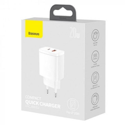 Зарядний Пристрій Baseus 1USB + Type-C Compact Quick Charger 20W (CCXJ-B02) White