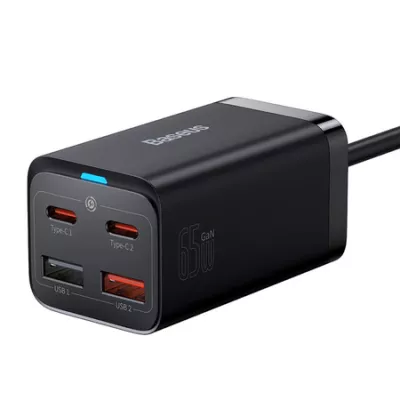 Зарядний Пристрій Baseus GaN3 Pro 65W (2 Type-C + 2 USB) + Cable Type-C to Type-C 100W (1m) (CCGP040101) Black
