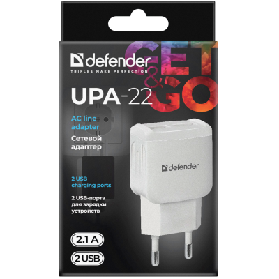 мережева зарядка DEFENDER (83580)UPA-22 біла, 2xUSB, 2.1А