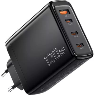 Мережевий Зарядний пристрій ESSAGER Extreme 120W GaN Phone Charger 3 Type C And 1 USB A EU Black (ECT3CA-JZB01-Z)