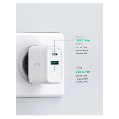 Мережевий Зарядний пристрій UGREEN CD170 USB+USB Type-C Wall Charger 36W 3A (60468) White Мережевий Зарядний пристрій UGREEN CD170 USB+USB Type-C Wall Charger 36W 3A (60468) White