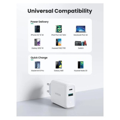Мережевий Зарядний пристрій UGREEN CD170 USB+USB Type-C Wall Charger 36W 3A (60468) White Мережевий Зарядний пристрій UGREEN CD170 USB+USB Type-C Wall Charger 36W 3A (60468) White