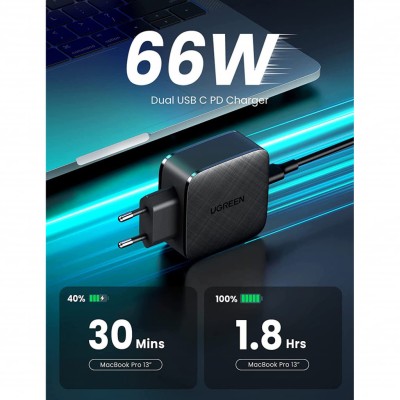Мережевий Зарядний пристрій UGREEN CD216 2xUSB Type-C Fast Charger PD QC4.0 66W 3A (70867) Black