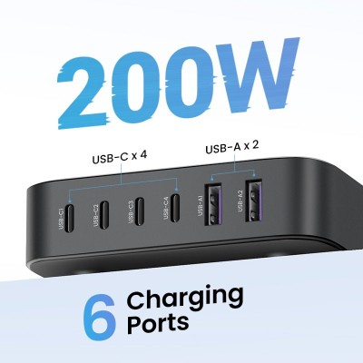 Мережевий Зарядний пристрій UGREEN CD271 2U+4C 200W GaN FC сір
