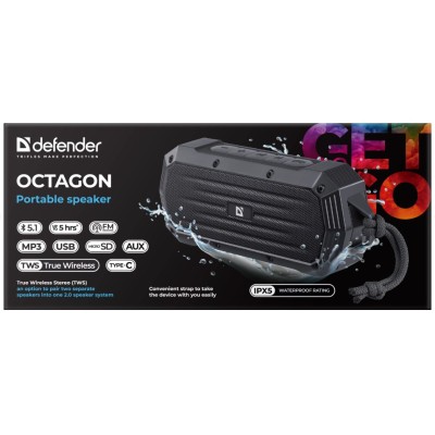 Портативна акустика DEFENDER (65039)Octagon 5Вт, FM/microSD/USB/TWS, чорний