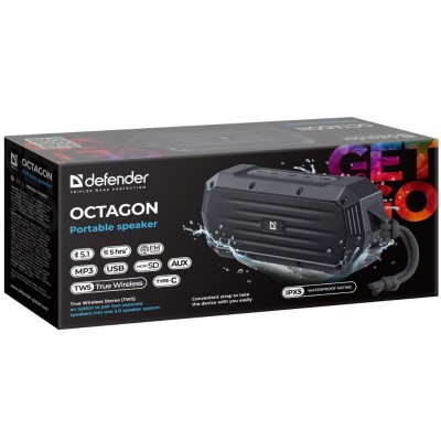 Портативна акустика DEFENDER (65039)Octagon 5Вт, FM/microSD/USB/TWS, чорний