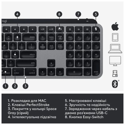 Клавіатура LOGITECH MX Keys for Mac Advanced - SPACE GREY (920-009558)