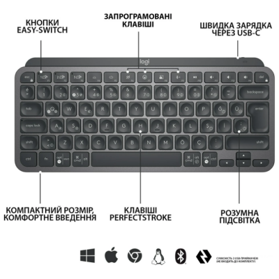 Клавіатура LOGITECH MX Keys Mini Minimalist Wireless, US, Graphite (920-010498)