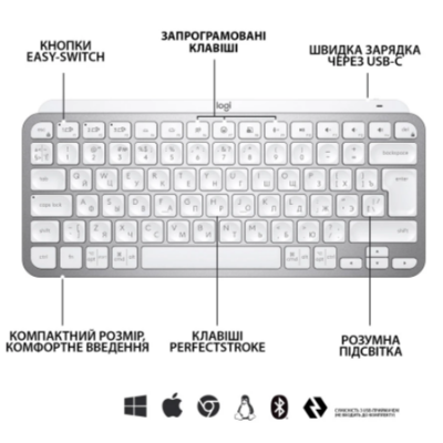 Клавіатура LOGITECH MX Keys Mini Minimalist Wireless, US, Pale Grey (920-010499)