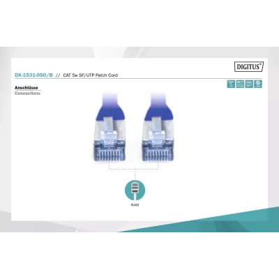 Патч-корд CAT 5e SF-UTP, Cu, PVC AWG 26/7, довжина 5 м, колір синій DK-1531-050/B DIGITUS by ASSMANN