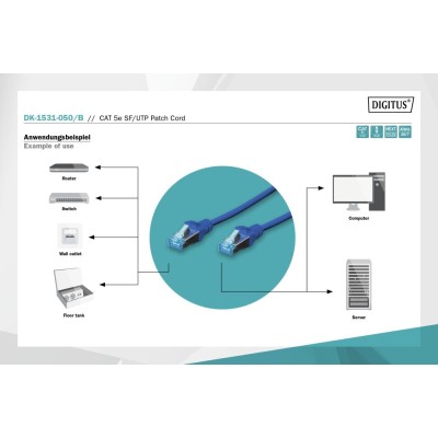 Патч-корд CAT 5e SF-UTP, Cu, PVC AWG 26/7, довжина 5 м, колір синій DK-1531-050/B DIGITUS by ASSMANN