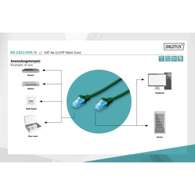 Патч-корд CAT 5e U-UTP, Cu, PVC AWG 26/7, довжина 0,5 м, колір зелений DK-1511-005/G DIGITUS by ASSMANN