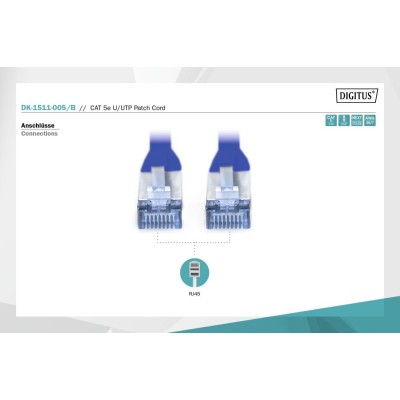 Патч-корд CAT 5e U-UTP, Cu, PVC AWG 26/7, довжина 0,5 м, колір синій DK-1511-005/B DIGITUS by ASSMANN