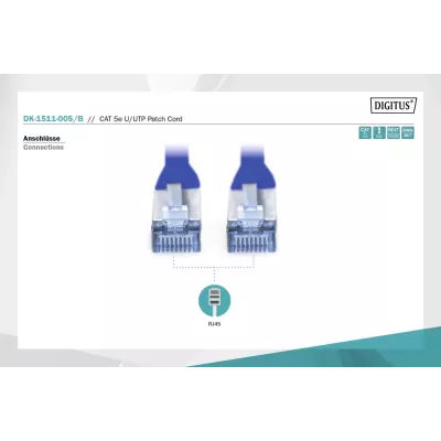 Патч-корд CAT 5e U-UTP, Cu, PVC AWG 26/7, довжина 0,5 м, колір синій DK-1511-005/B DIGITUS by ASSMANN