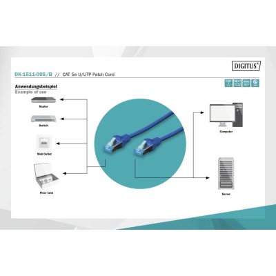 Патч-корд CAT 5e U-UTP, Cu, PVC AWG 26/7, довжина 0,5 м, колір синій DK-1511-005/B DIGITUS by ASSMANN